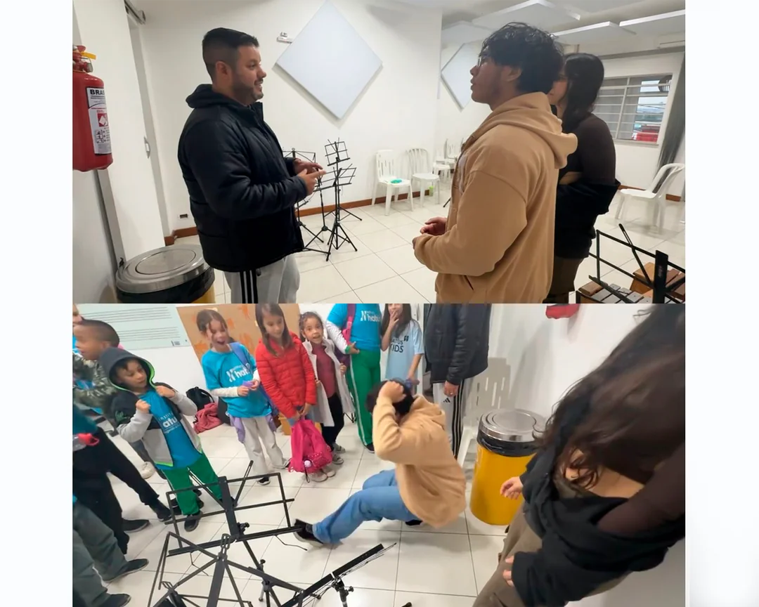 Davi visiting the music school classrooms and interviewing the social project representative at Instituto Hatus.