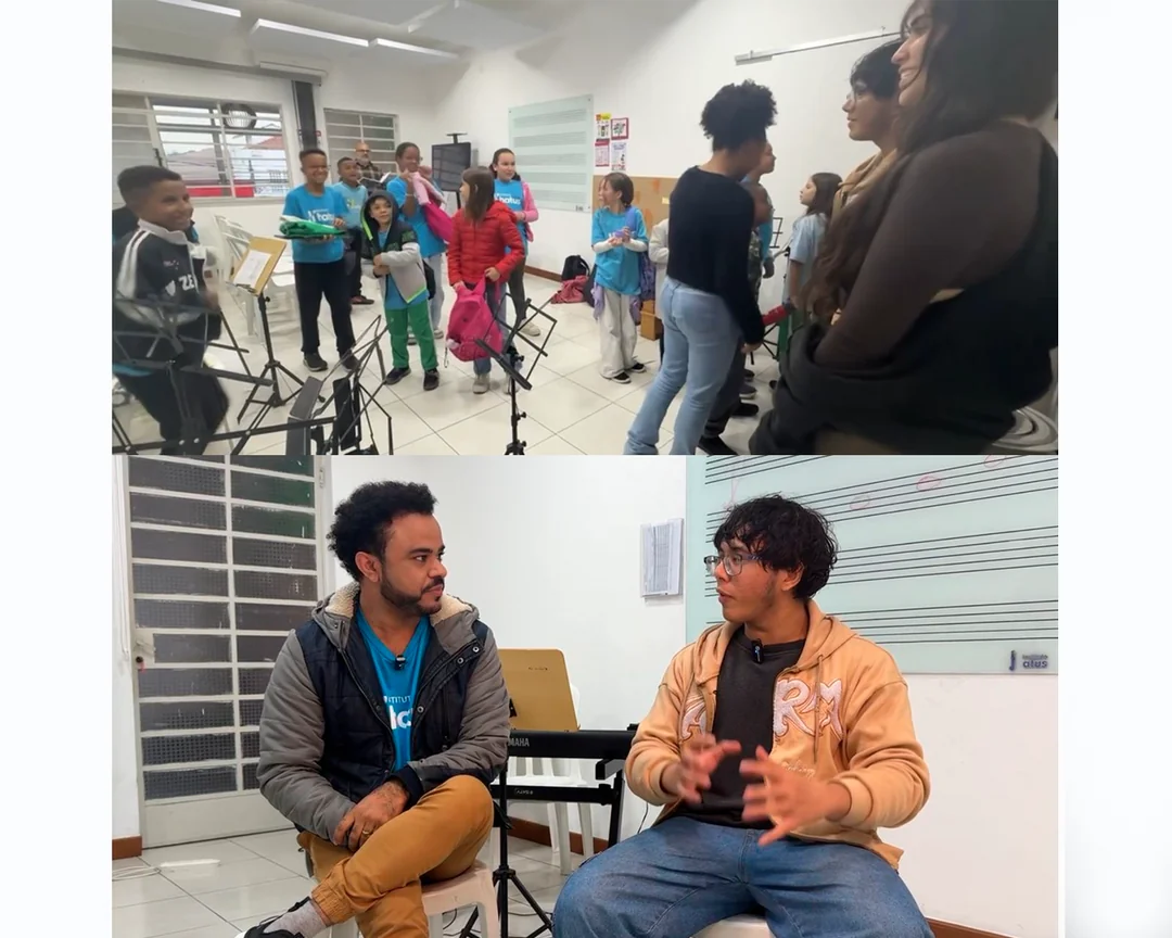 Davi visiting the music school classrooms and interviewing the social project representative at Instituto Hatus.